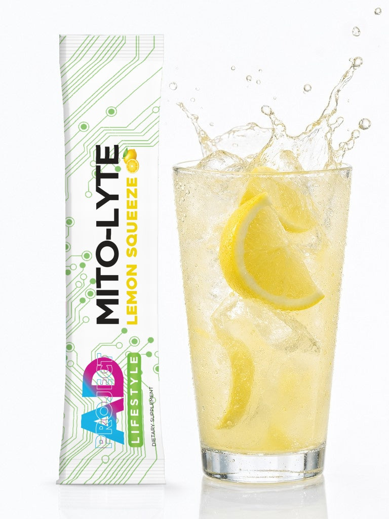 Lemon Squeeze: Mito-Lyte stick pack beside an iced glass with lemon