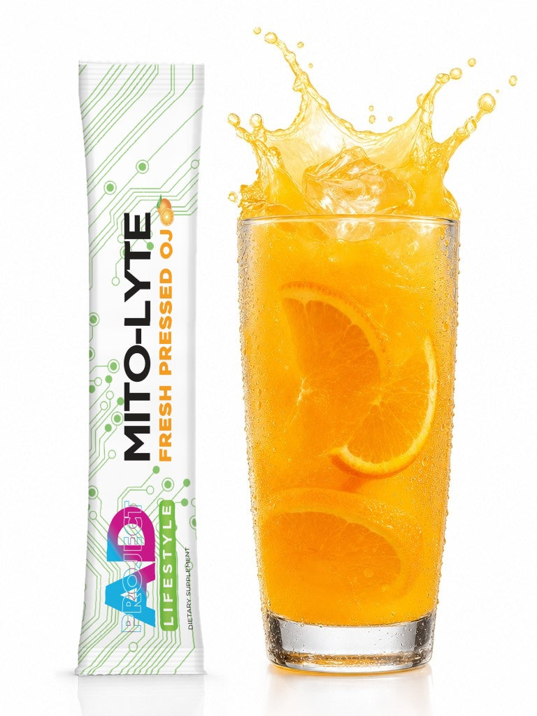 Fresh Pressed OJ: Mito-Lyte stick pack beside an iced glass with orange
