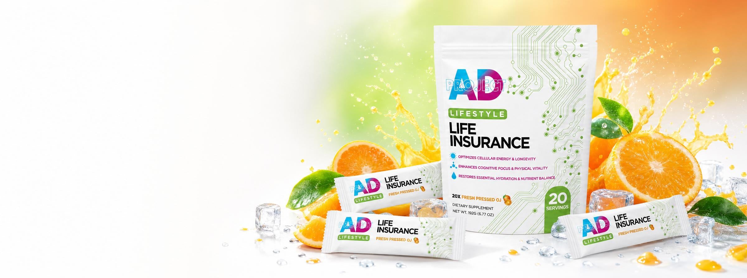 AD Life Insurance Fresh Pressed OJ pouch and stick packs with fresh oranges
