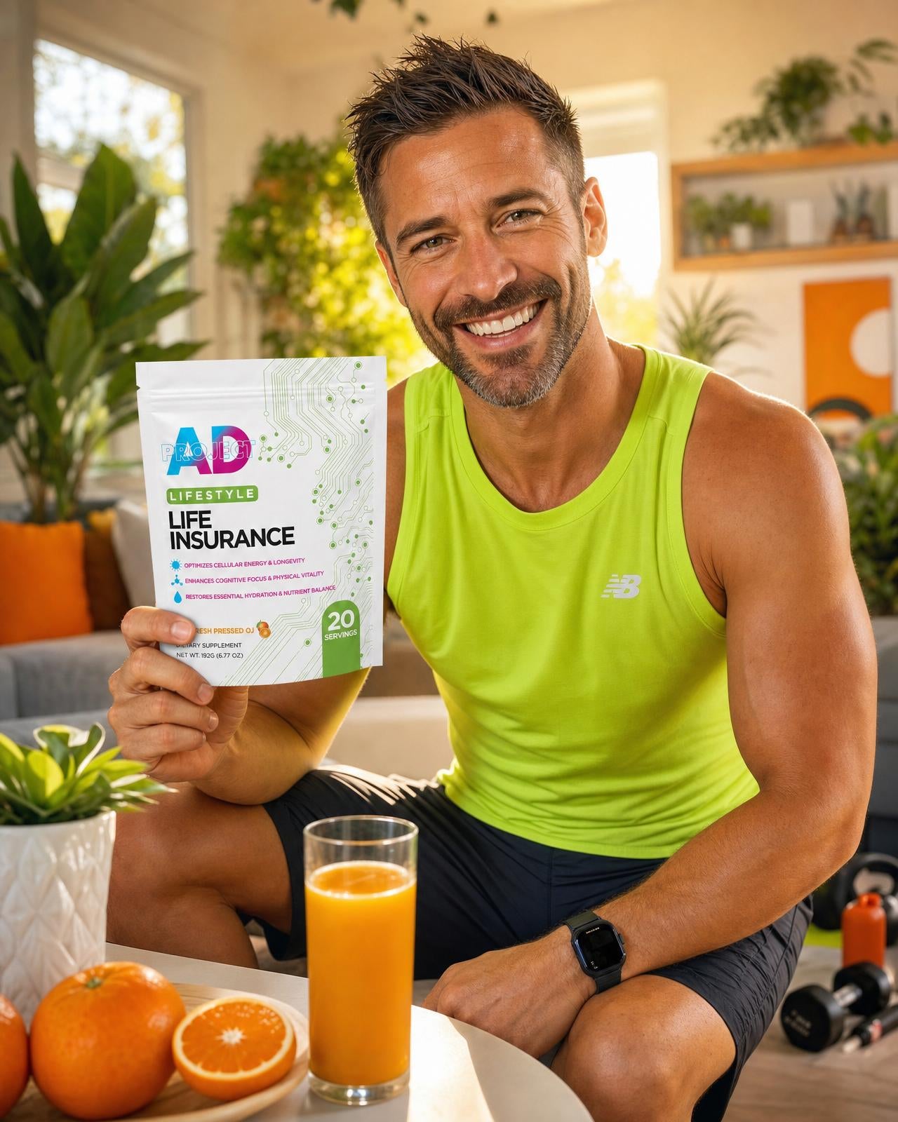 Athletic man holding a Life Insurance pouch in bright morning light
