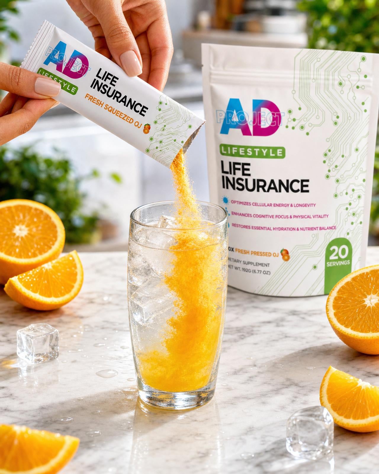 Pouring a Life Insurance stick pack into a glass of ice water